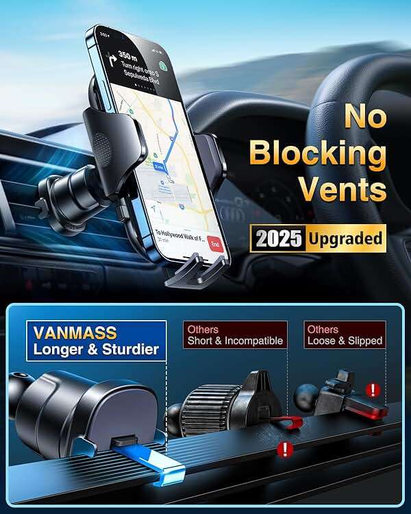 [True Military-Grade] Car Phone Holder VANMASS [Upgraded Strongest Suction&Clip] Cell Phone Mount for Dashboard Windshield Vent Kit, Truck Cradle Stand for iPhone 17 Pro Max 16 15 14 Android,Ink Black - Image 6