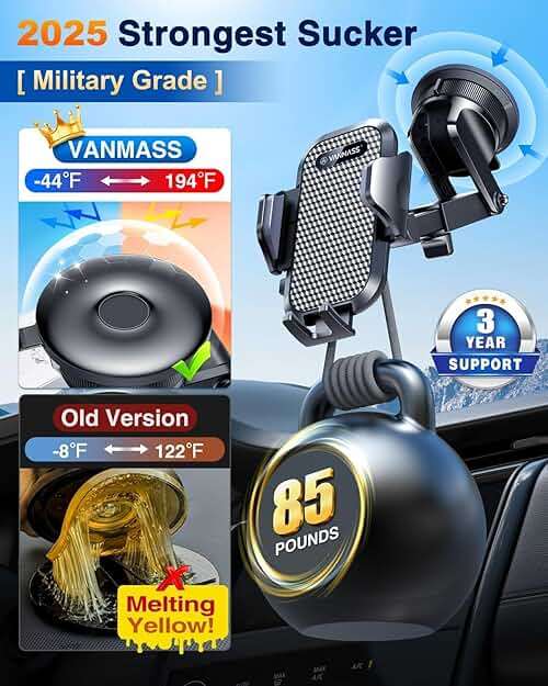 [True Military-Grade] Car Phone Holder VANMASS [Upgraded Strongest Suction&Clip] Cell Phone Mount for Dashboard Windshield Vent Kit, Truck Cradle Stand for iPhone 17 Pro Max 16 15 14 Android,Ink Black - Image 7
