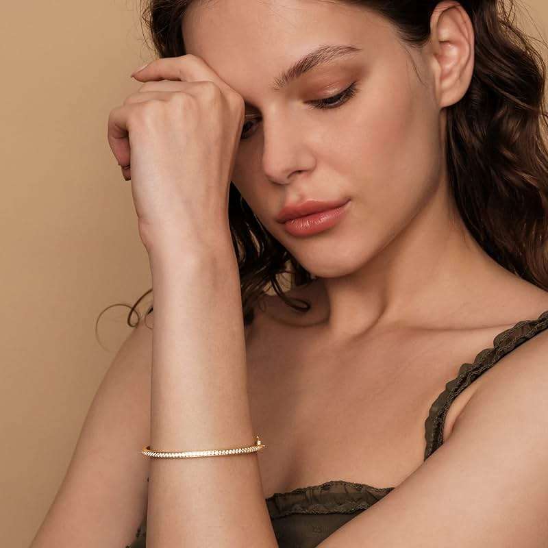 PAVOI 14K Gold Plated Cubic Zirconia Bangle Tennis Bracelets for Women | Classic Love Cuff Bangle Bracelets - Image 3