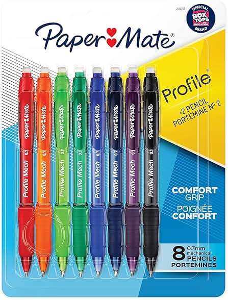 Paper Mate Profile Mech Mechanical Pencils, 0.7mm #2 Pencil Lead, Comfort Grip, Assorted Barrel Colors, 8 Count - Office Supplies - Image 1