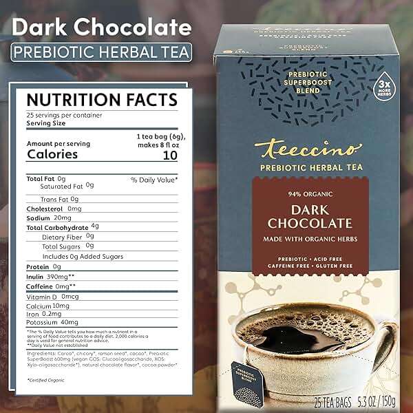 Teeccino Dark Chocolate Prebiotic SuperBoost™ Herbal Tea - Support Your Probiotics with Vegan GOS & Organic XOS For Good Gut Health and Regularity, 25 Tea Bags - Image 2