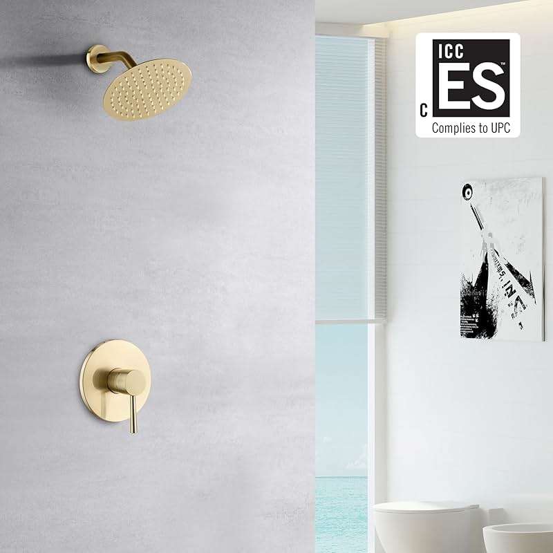 sumerain Brushed Gold Shower Faucet Set with 8 Inches Stainless Steel Rain Shower Head, Solid Brass Rough In Valve - Image 3