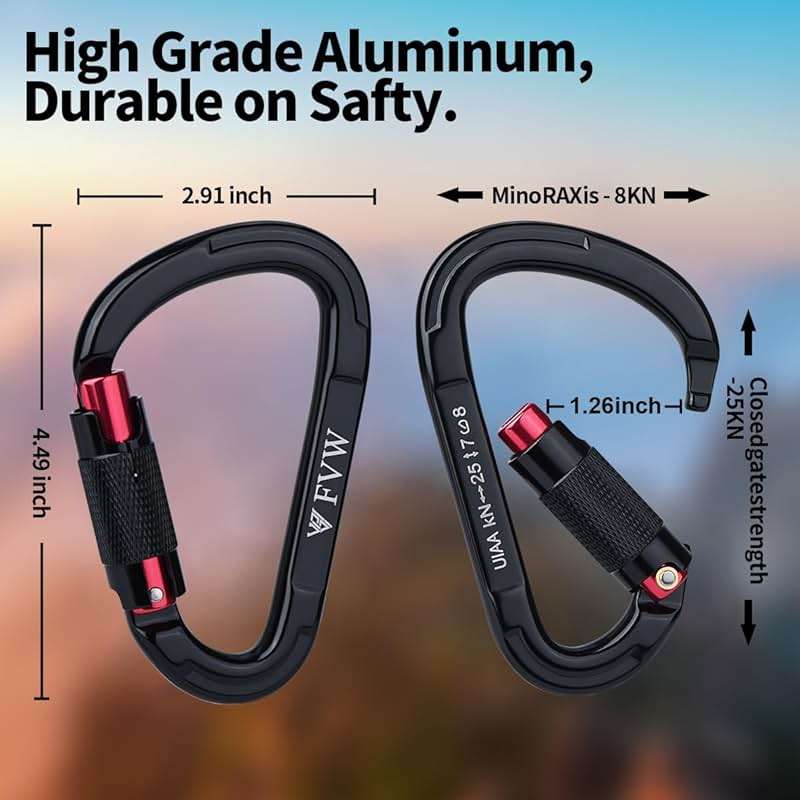 FVW Auto Locking Rock Climbing Carabiner Clips,Professional 25KN (5620 lbs) Heavy Duty Caribeaners for Rappelling Swing Rescue & Gym etc, Large D-Shaped Carabiners - Image 2