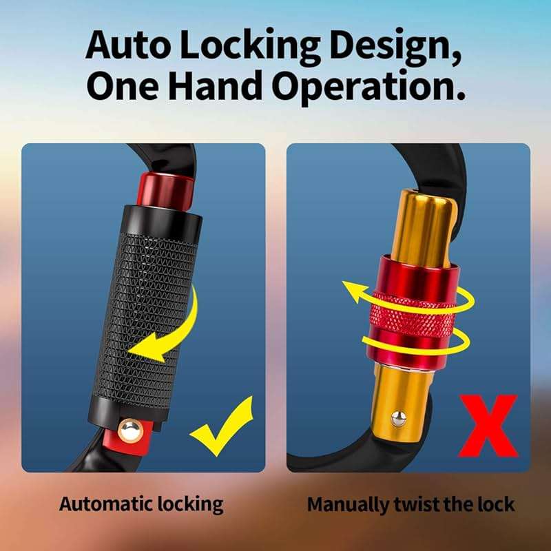 FVW Auto Locking Rock Climbing Carabiner Clips,Professional 25KN (5620 lbs) Heavy Duty Caribeaners for Rappelling Swing Rescue & Gym etc, Large D-Shaped Carabiners - Image 3