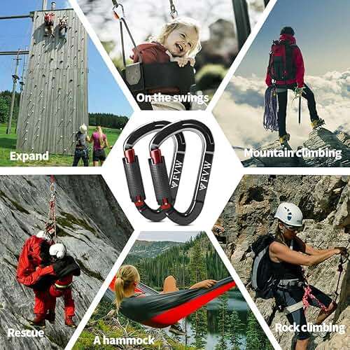 FVW Auto Locking Rock Climbing Carabiner Clips,Professional 25KN (5620 lbs) Heavy Duty Caribeaners for Rappelling Swing Rescue & Gym etc, Large D-Shaped Carabiners - Image 6