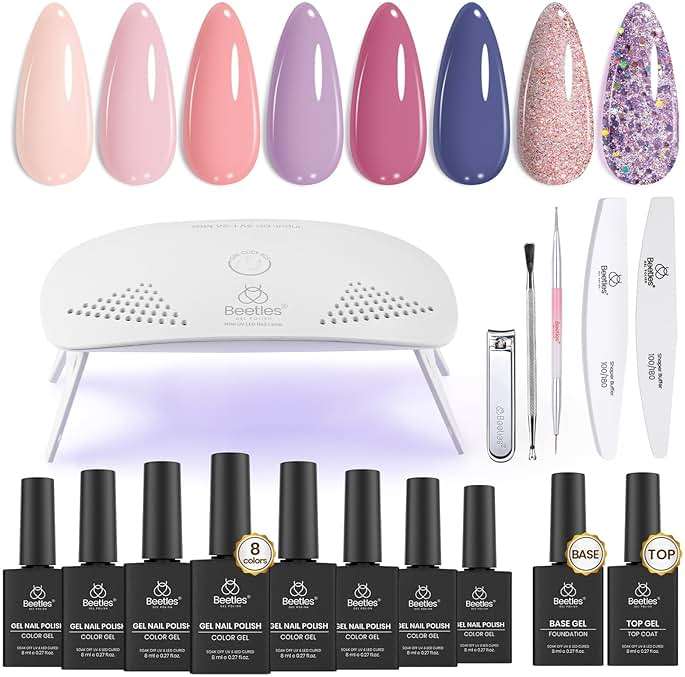 Beetles Gel Nail Polish Kit with U V Light - 16 Pcs 8 Color Gel Polish Starter Kit Pink Nude Purple Grey Glitter Color Gel and Base & Top Coat Soak Off DIY Kit Manicure Gifts for Women - Image 1