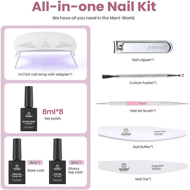 Beetles Gel Nail Polish Kit with U V Light - 16 Pcs 8 Color Gel Polish Starter Kit Pink Nude Purple Grey Glitter Color Gel and Base & Top Coat Soak Off DIY Kit Manicure Gifts for Women - Image 3