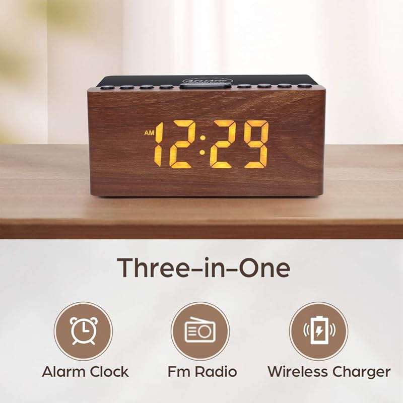 ANJANK Wooden Digital LED Alarm Clock FM Radio, Fast Wireless Charger Station for iPhone/Samsung Galaxy, 5 Level Dimmer, USB Charging Port, 9 Sounds, Sleep Timer for Bedroom, Bedside, Desk - Image 2