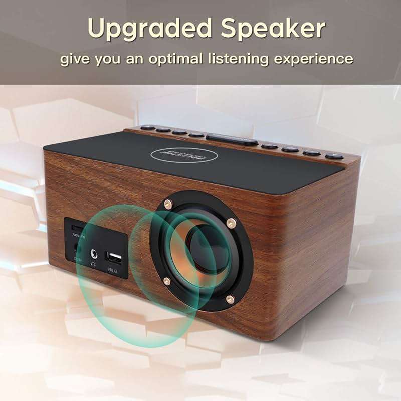 ANJANK Wooden Digital LED Alarm Clock FM Radio, Fast Wireless Charger Station for iPhone/Samsung Galaxy, 5 Level Dimmer, USB Charging Port, 9 Sounds, Sleep Timer for Bedroom, Bedside, Desk - Image 5