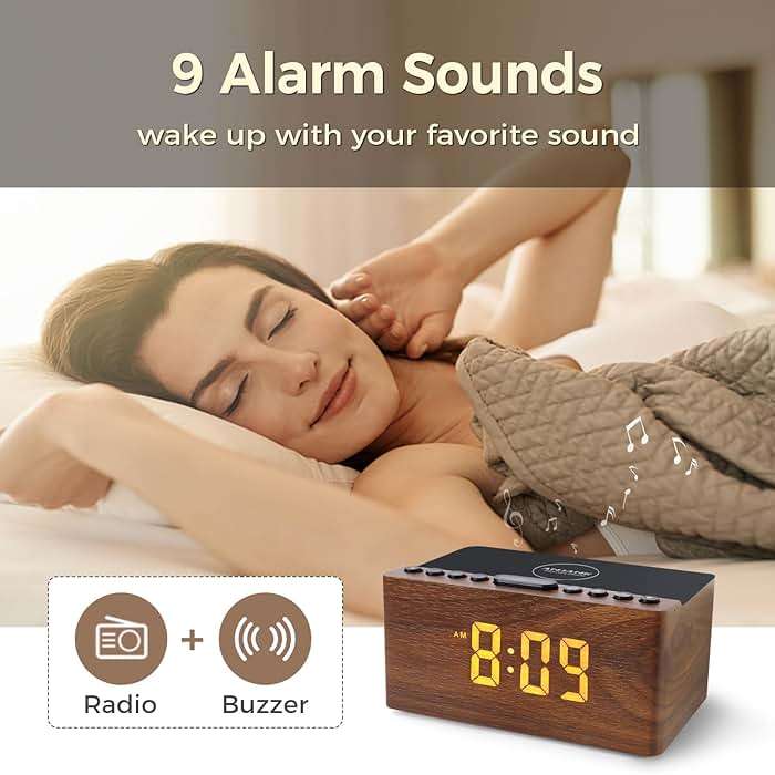 ANJANK Wooden Digital LED Alarm Clock FM Radio, Fast Wireless Charger Station for iPhone/Samsung Galaxy, 5 Level Dimmer, USB Charging Port, 9 Sounds, Sleep Timer for Bedroom, Bedside, Desk - Image 6