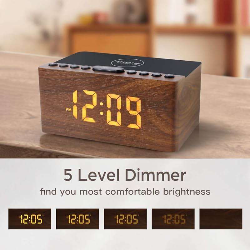ANJANK Wooden Digital LED Alarm Clock FM Radio, Fast Wireless Charger Station for iPhone/Samsung Galaxy, 5 Level Dimmer, USB Charging Port, 9 Sounds, Sleep Timer for Bedroom, Bedside, Desk - Image 7
