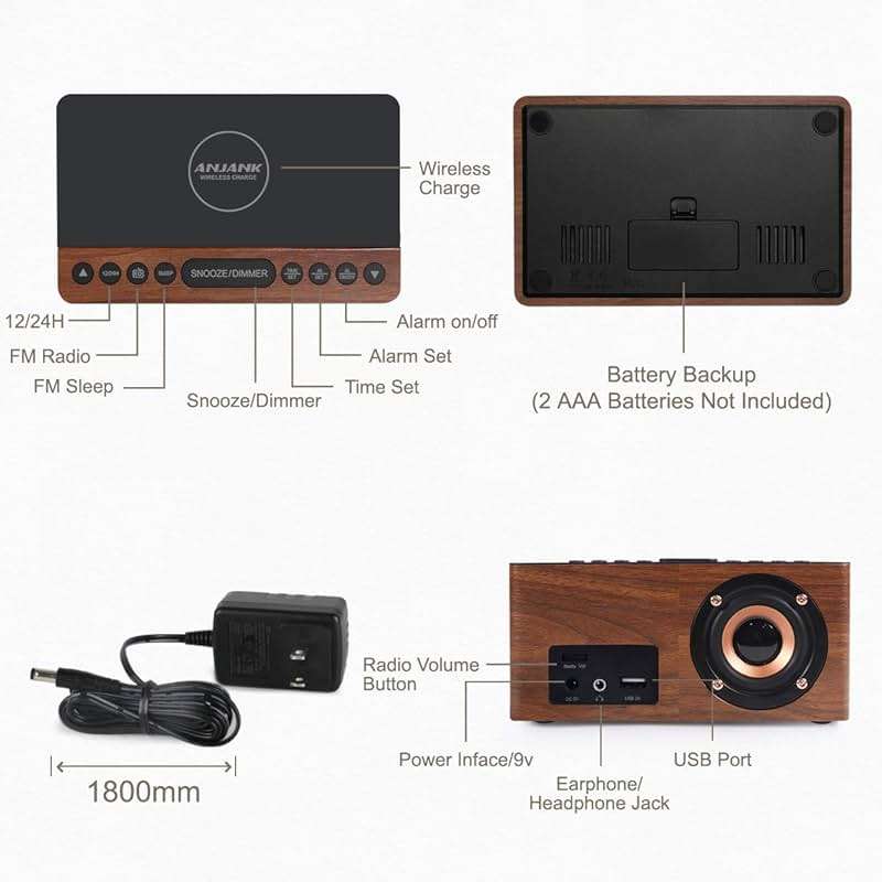 ANJANK Wooden Digital LED Alarm Clock FM Radio, Fast Wireless Charger Station for iPhone/Samsung Galaxy, 5 Level Dimmer, USB Charging Port, 9 Sounds, Sleep Timer for Bedroom, Bedside, Desk - Image 8