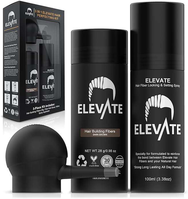ELEVATE Hair Perfecting 3-in-1 Kit Set Includes Natural Thickening Fibers, Applicator Pump Nozzle & Locking Hold Spray | Instantly Conceal Balding Areas (Dark Brown) - Image 1