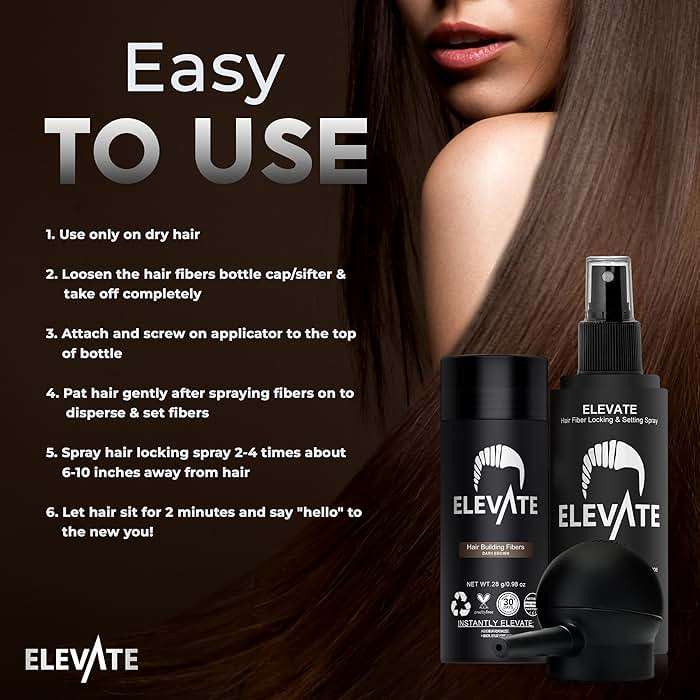 ELEVATE Hair Perfecting 3-in-1 Kit Set Includes Natural Thickening Fibers, Applicator Pump Nozzle & Locking Hold Spray | Instantly Conceal Balding Areas (Dark Brown) - Image 6