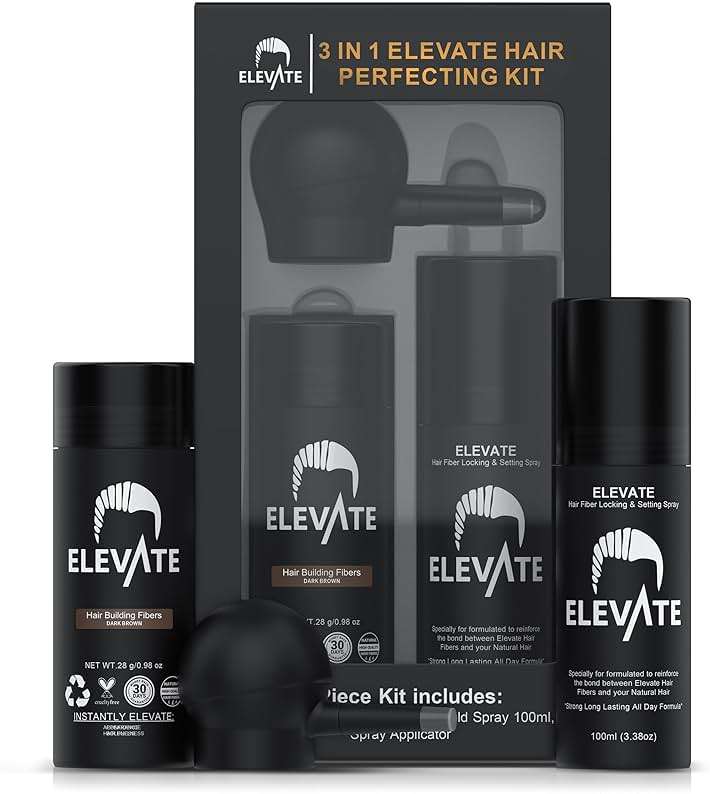 ELEVATE Hair Perfecting 3-in-1 Kit Set Includes Natural Thickening Fibers, Applicator Pump Nozzle & Locking Hold Spray | Instantly Conceal Balding Areas (Dark Brown) - Image 8