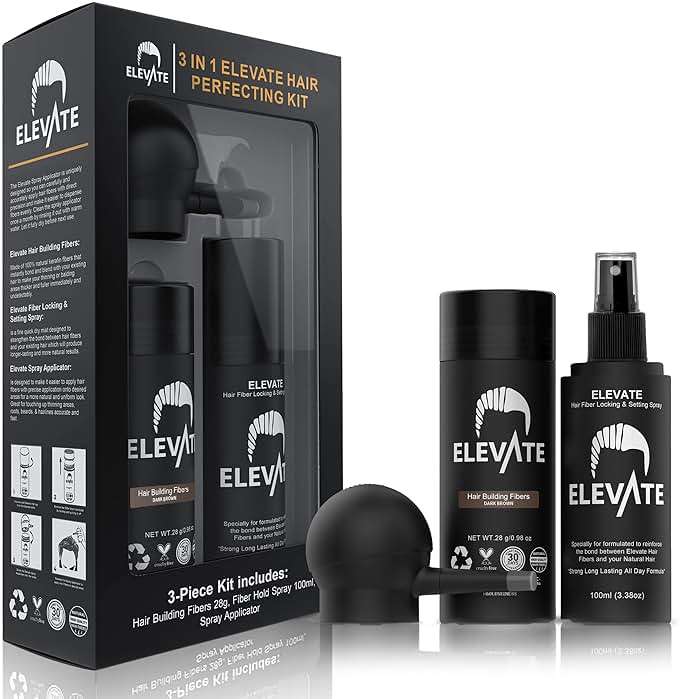 ELEVATE Hair Perfecting 3-in-1 Kit Set Includes Natural Thickening Fibers, Applicator Pump Nozzle & Locking Hold Spray | Instantly Conceal Balding Areas (Dark Brown) - Image 9