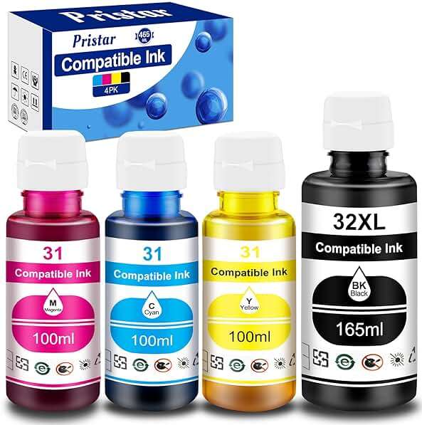 Pristar Compatible with HP 31 32XL Ink Bottle Set Compatible with HP Smart Tank 7301 7001 7602 5000 6001 5101 5102 5103 Plus 651 551 455 457 450 All-in-One Printer (165 ML 32XL Black Ink 100 ML 31 CMY - Image 1