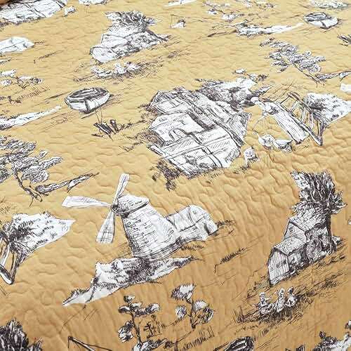 Lush Decor French Country Toile Reversible Cotton Quilt King Size 3 Piece Set Yellow & Gray - Vintage Bedding Set King Quilt - Yellow Quilts - Image 4