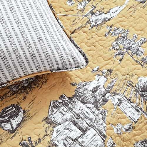 Lush Decor French Country Toile Reversible Cotton Quilt King Size 3 Piece Set Yellow & Gray - Vintage Bedding Set King Quilt - Yellow Quilts - Image 6