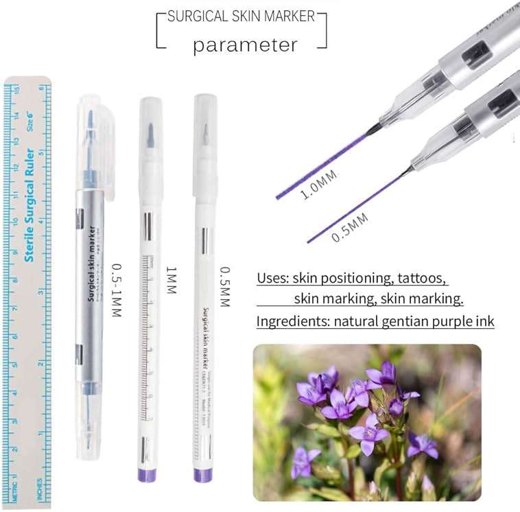 LabAider 6Pcs Professional Surgical Tip Skin Marker Pen Sterile Tattoo Stencil Markers Pen with Paper Ruler for Eyebrow, Lips - Individually Wrapped (0.5MM&1MM) - Image 3