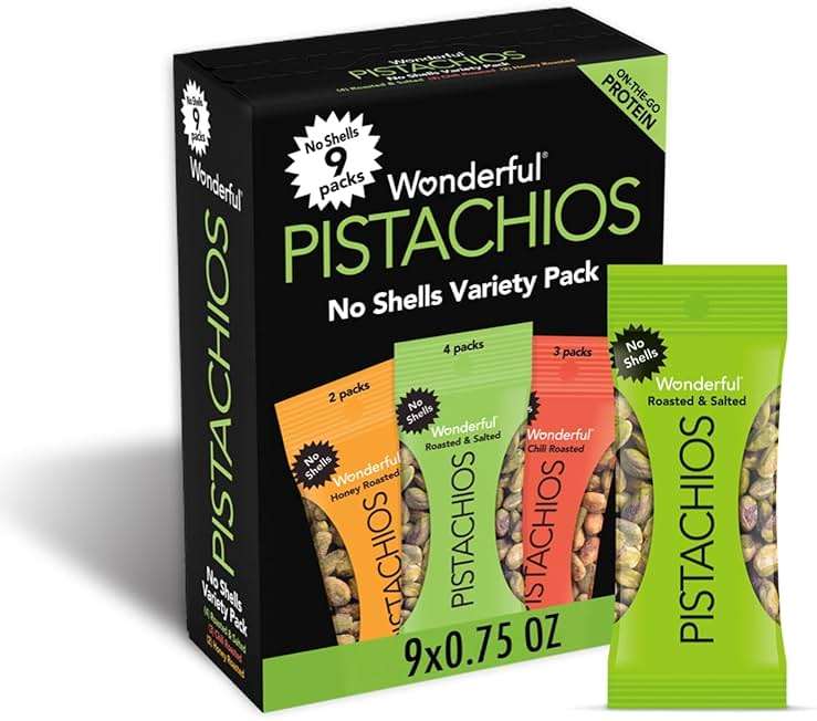 Wonderful Pistachios No Shells, 3 Flavors Mixed Variety Pack of 9 (0.75 Ounce), Roasted & Salted Nuts (4), Chili (3), Honey (2), Protein Snacks, Gluten Free, Healthy Snacks Variety Pack for Adults - Image 1