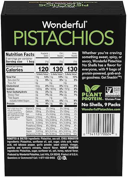 Wonderful Pistachios No Shells, 3 Flavors Mixed Variety Pack of 9 (0.75 Ounce), Roasted & Salted Nuts (4), Chili (3), Honey (2), Protein Snacks, Gluten Free, Healthy Snacks Variety Pack for Adults - Image 3