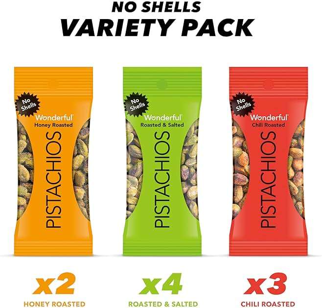 Wonderful Pistachios No Shells, 3 Flavors Mixed Variety Pack of 9 (0.75 Ounce), Roasted & Salted Nuts (4), Chili (3), Honey (2), Protein Snacks, Gluten Free, Healthy Snacks Variety Pack for Adults - Image 4