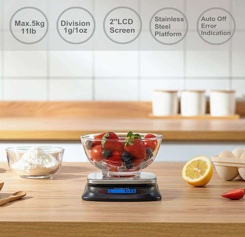 NUTRI FIT Ultra Slim Kitchen Scale Digital Food Weight Scale for Baking Cooking in Grams and Ounces Tare & Backlit LCD Display 11lb 5kg Capacity- Black/Stainless Steel - Image 2