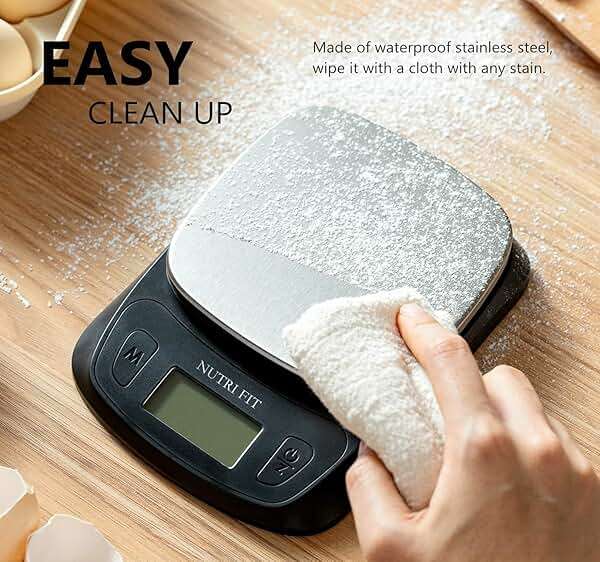 NUTRI FIT Ultra Slim Kitchen Scale Digital Food Weight Scale for Baking Cooking in Grams and Ounces Tare & Backlit LCD Display 11lb 5kg Capacity- Black/Stainless Steel - Image 6