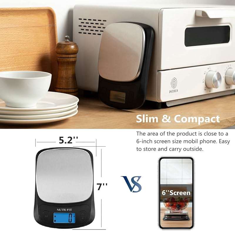 NUTRI FIT Ultra Slim Kitchen Scale Digital Food Weight Scale for Baking Cooking in Grams and Ounces Tare & Backlit LCD Display 11lb 5kg Capacity- Black/Stainless Steel - Image 7