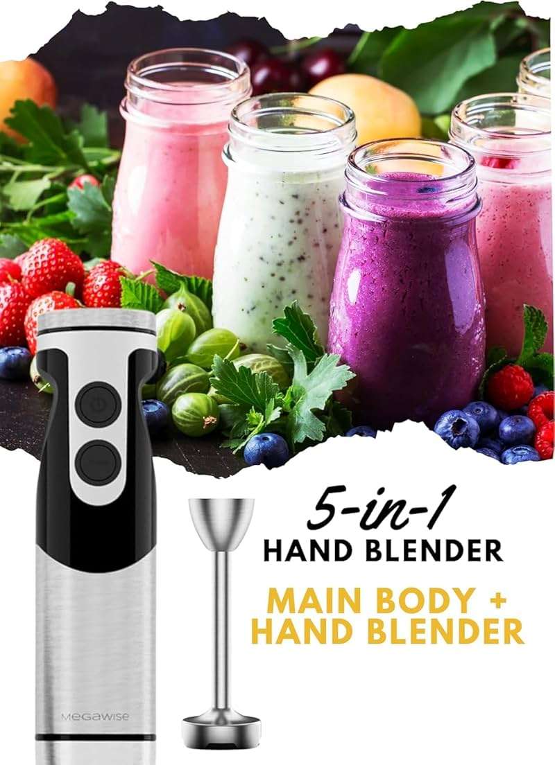 MegaWise Pro Titanium Reinforced 5-in-1 Immersion Hand Blender, Powerful Motor with 80% Sharper Blades, 12-Speed Corded Blender, Including 500ml Chopper, 600ml Beaker, Whisk and Milk Frother (Black) - Image 6