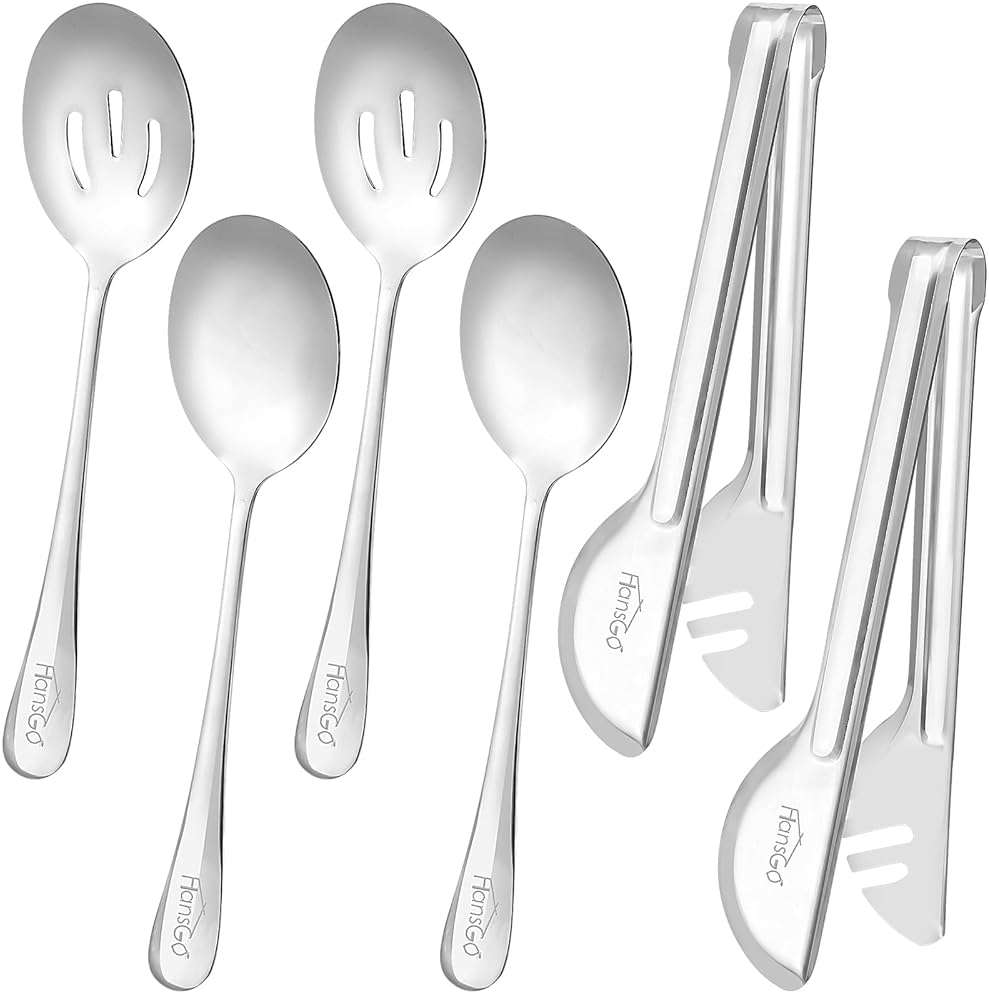 HANSGO 6PCS Stainless Steel Serving Utensils Set, Large Serving Spoons, Slotted Spoons, Metal Tongs for Appetizer, Salad, Reusable Utensils Set for Buffet Catering Banquet Wedding Party Outdoor Events - Image 1