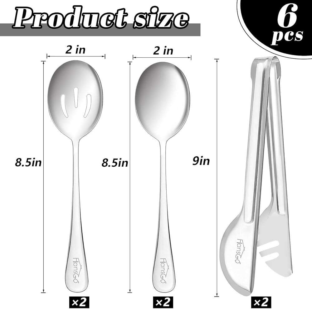 HANSGO 6PCS Stainless Steel Serving Utensils Set, Large Serving Spoons, Slotted Spoons, Metal Tongs for Appetizer, Salad, Reusable Utensils Set for Buffet Catering Banquet Wedding Party Outdoor Events - Image 3