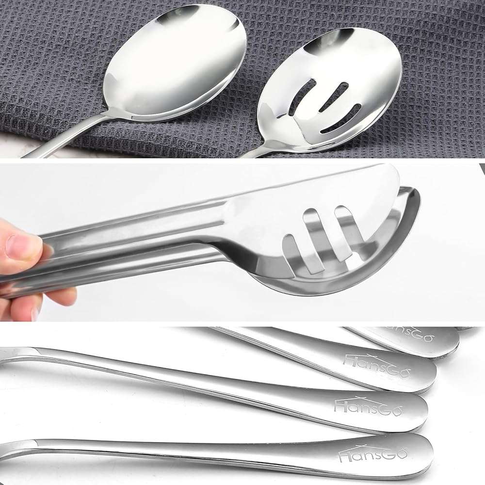 HANSGO 6PCS Stainless Steel Serving Utensils Set, Large Serving Spoons, Slotted Spoons, Metal Tongs for Appetizer, Salad, Reusable Utensils Set for Buffet Catering Banquet Wedding Party Outdoor Events - Image 4