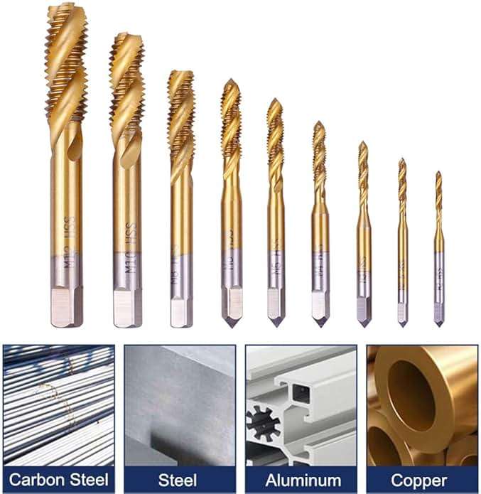 Rocaris 9 Pack of M2 M2.5 M3 M4 M5 M6 M8 M10 M12 Titanium Coated HSS Spiral Flute Metric Taps Set - Image 5