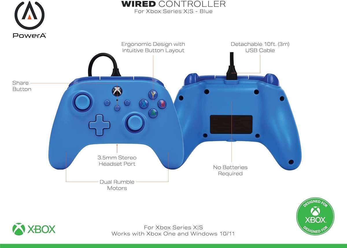 PowerA Wired Controller for Xbox Series X|S - blue, gamepad, video game/gaming controller, works with Xbox One, Officially Licensed - Image 3