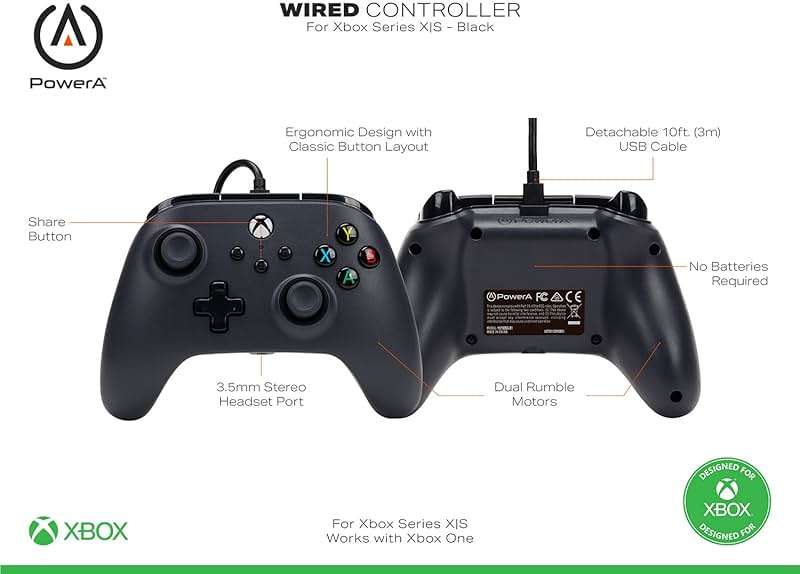 PowerA Wired Controller for Xbox Series X|S - Black, gamepad, wired video game controller, gaming controller, works with Xbox One and Windows 10/11 - Image 3