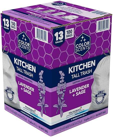 Color Scents Tall Kitchen Trash Bags - 13 Gallon, 100 Bags (1 Pack of 100 Count), Drawstring - White bag in Lavender + Sage Scent with Microban - Image 1