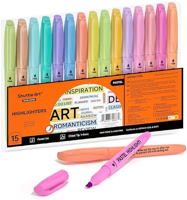 Shuttle Art Highlighters, 15 Colors Pastel Highlighter Pens Assorted Colors, Chisel Tip Dry-Quickly Non-Toxic Highlighter Markers for Adults Students Highlighting in the Home School Office - Image 1
