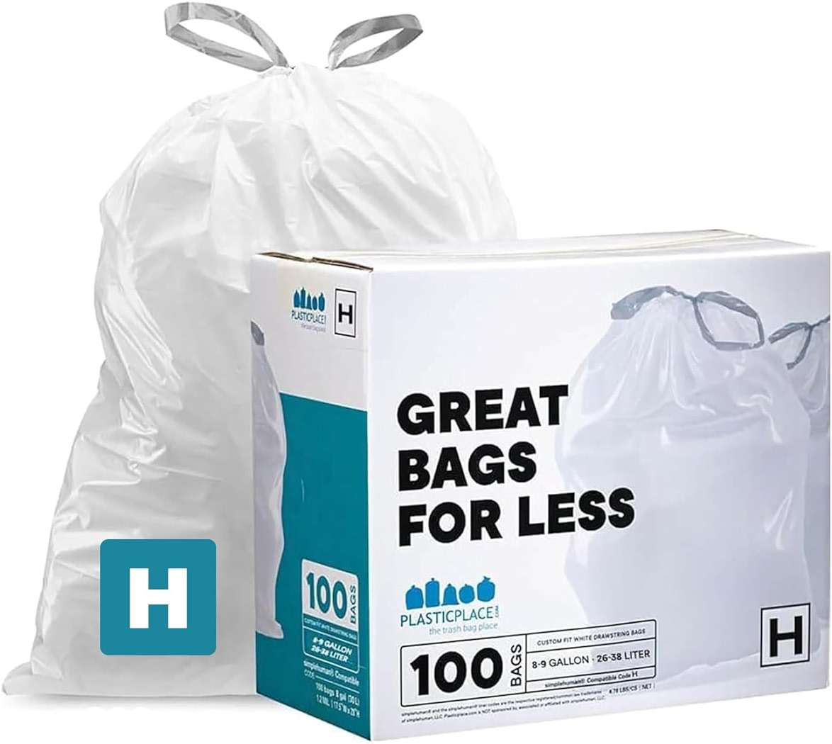 Plasticplace Trash Bags, Compatible with Simplehuman Code H, 8-9 Gallon Trash Can Liners, White Drawstring Garbage Bags, 100 Count Heavy Duty - Image 1