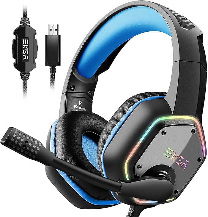 EKSA E1000 Gaming Headset, Computer Headphones with Noise Canceling Mic & RGB Light, 7.1 Surround Sound, Compatible with PC, PS4 PS5 Console, Laptop (Blue) - Image 1