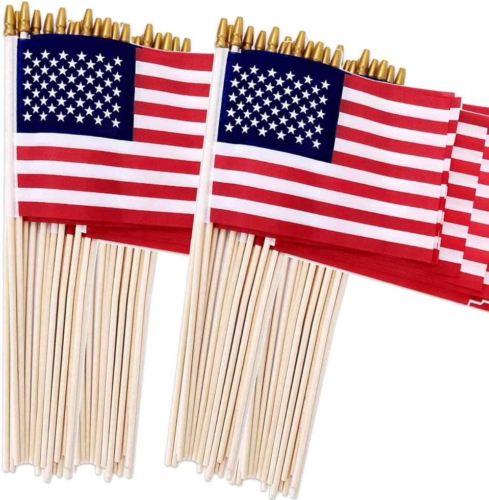 100 Pack Small American Flags on Stick, 4x6 Inch Small US Flags/American Flags for Outside, Mini Hand Held Stick Flags, Memorial Day,250 Anniversary, 4th of July Decorations,Patriotic Decorations - Image 1