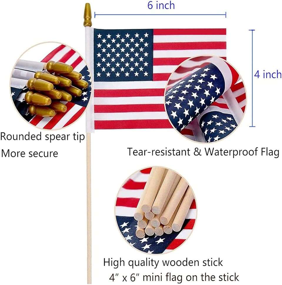 100 Pack Small American Flags on Stick, 4x6 Inch Small US Flags/American Flags for Outside, Mini Hand Held Stick Flags, Memorial Day,250 Anniversary, 4th of July Decorations,Patriotic Decorations - Image 2