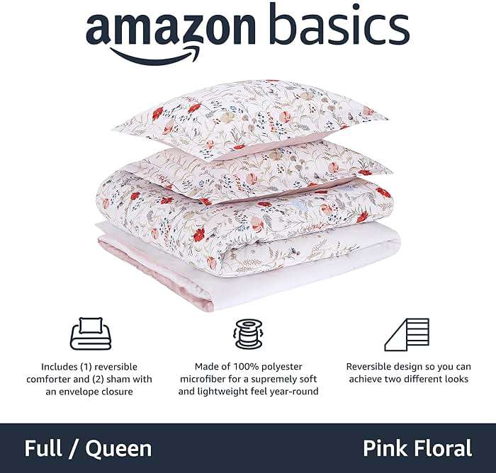 Amazon Basics Full/Queen Size Ultra-Soft Lightweight Microfiber Reversible 3-Piece Bedding Comforter Set, Pink Floral, Washable - Image 2