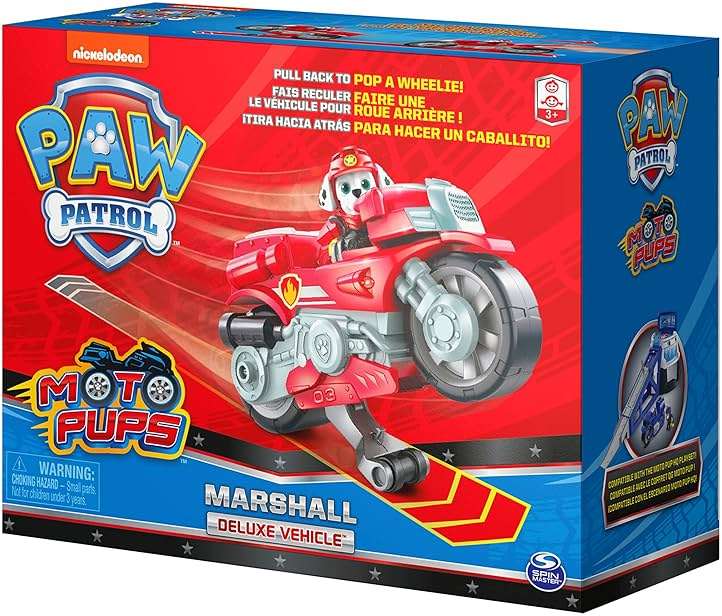 Paw Patrol, Moto Pups Marshall’s Deluxe Pull Back Motorcycle Vehicle with Wheelie Feature and Toy Figure - Image 8