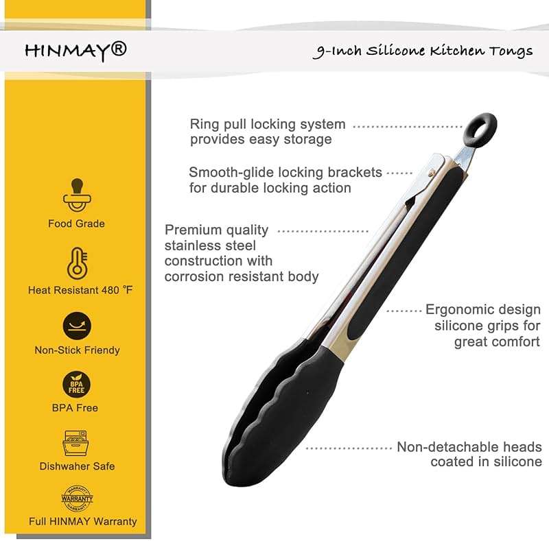 HINMAY Serving Tongs 9" Cooking Tongs with Silicone Tips, Set of 3 (Black) - Image 2