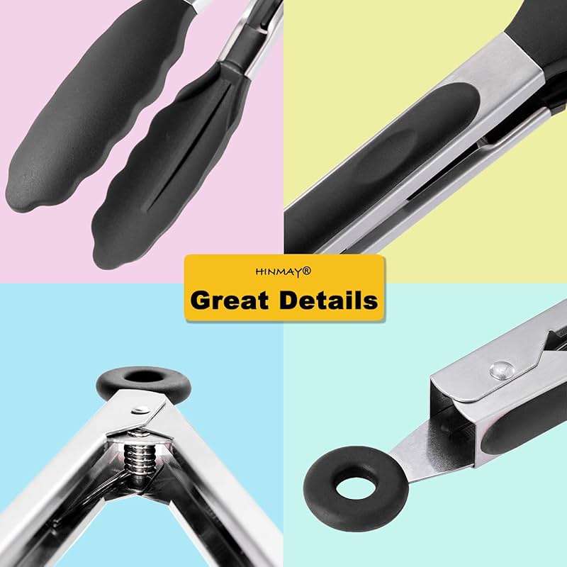 HINMAY Serving Tongs 9" Cooking Tongs with Silicone Tips, Set of 3 (Black) - Image 4