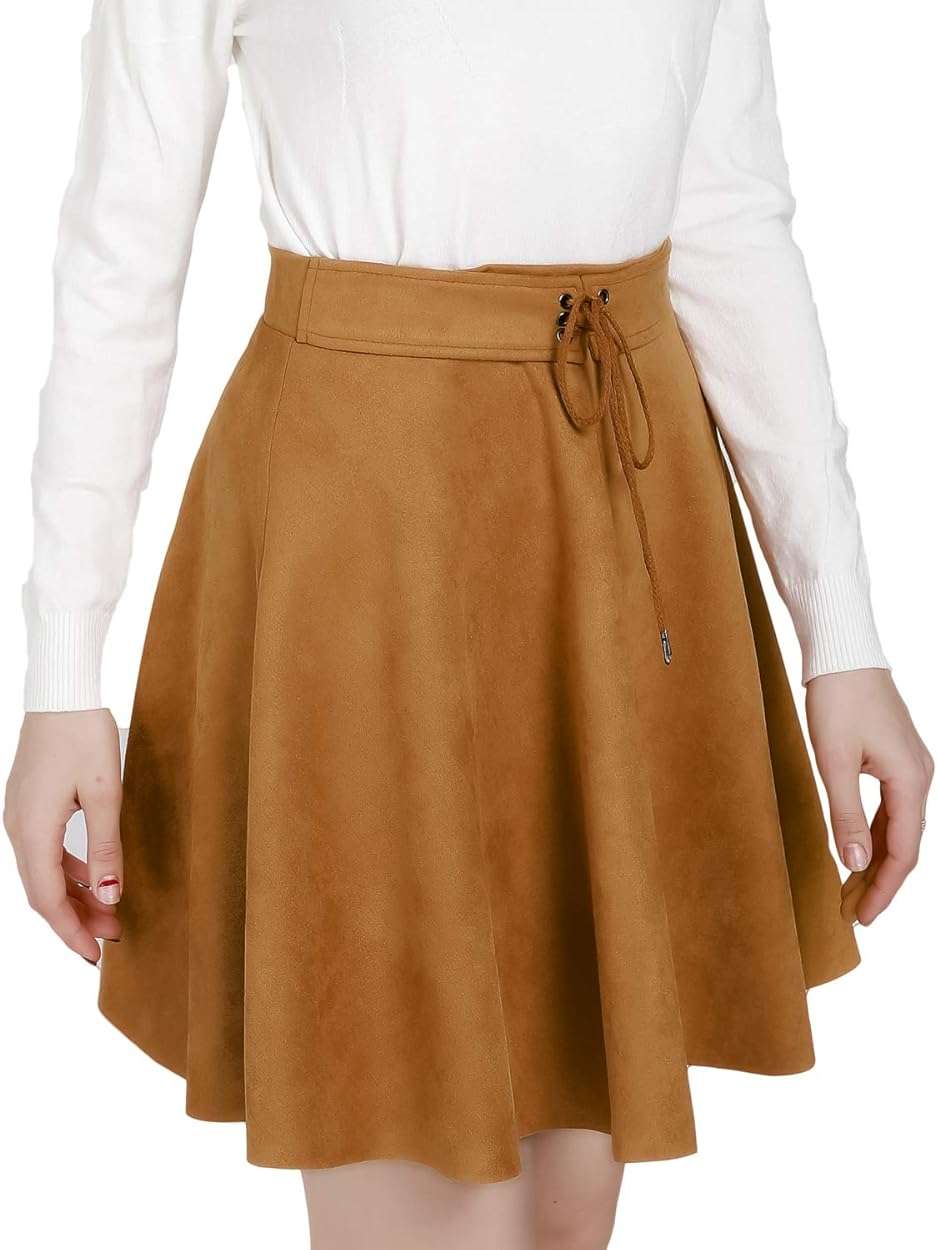 DIASHINY Faux Suede Mini Skirt for Women A Line Skater Belt Tie High Waist Flared Stretch Skirts - Image 3