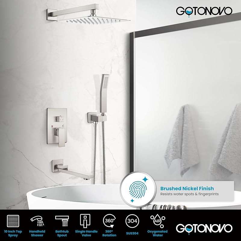 gotonovo Rainfall Tub Shower Faucet Set Bathroom Shower System with Tub Spout Wall Mount Square High Pressure Shower Fixtures with Handheld Sprayer Rough-In Valve 10'' Shower Head,Brushed Nickel - Image 3
