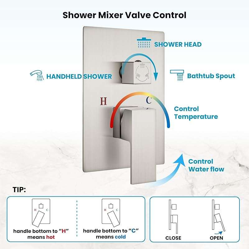 gotonovo Rainfall Tub Shower Faucet Set Bathroom Shower System with Tub Spout Wall Mount Square High Pressure Shower Fixtures with Handheld Sprayer Rough-In Valve 10'' Shower Head,Brushed Nickel - Image 5